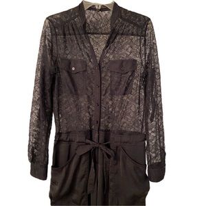 BCBGMAXAZRIA WOMEN BLACK PANT JUMPSUIT MEDIUM LACE TOP/SILKY PANT. SIZE MEDIUM